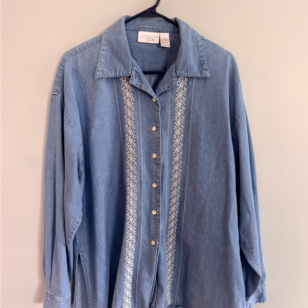 Vintage Van Huesen Blue Denim Button-Up Shirt with Embroidery XL
